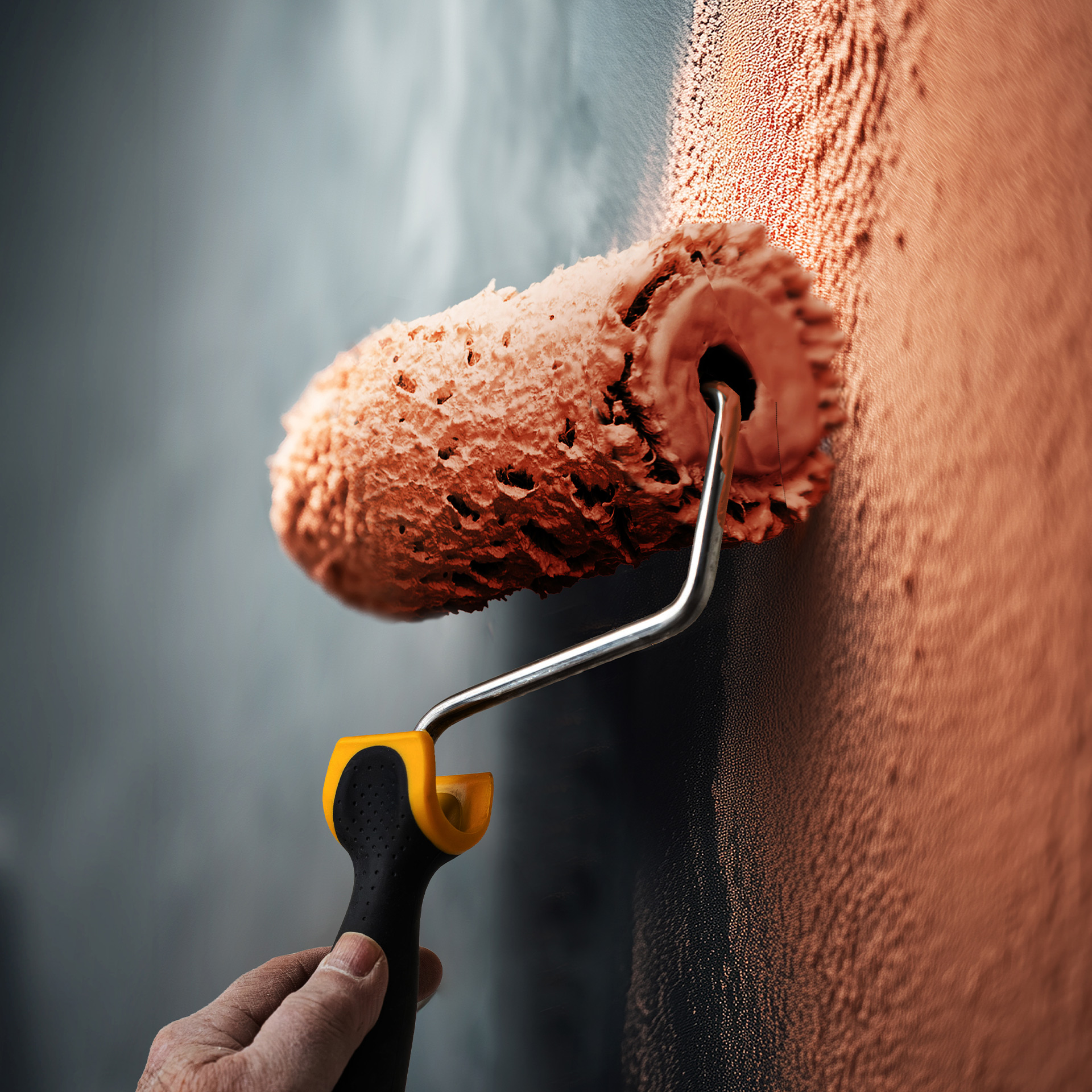 pinceau-duopile-peinture-ocre Application peinture ocre sur mur gris avec pinceau DuoPile Roulor